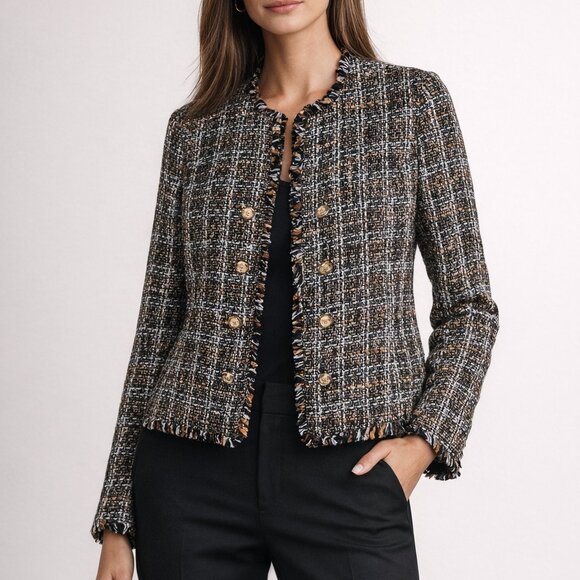 Calvin Klein Jackets & Blazers - Calvin Klein 8 Brown Black Gold Logo Button Tweed Double Breasted Blazer Jacket‎